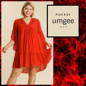 Umgee Ruffled Bell Sleeves/Hem & Lace V-Neck Dress